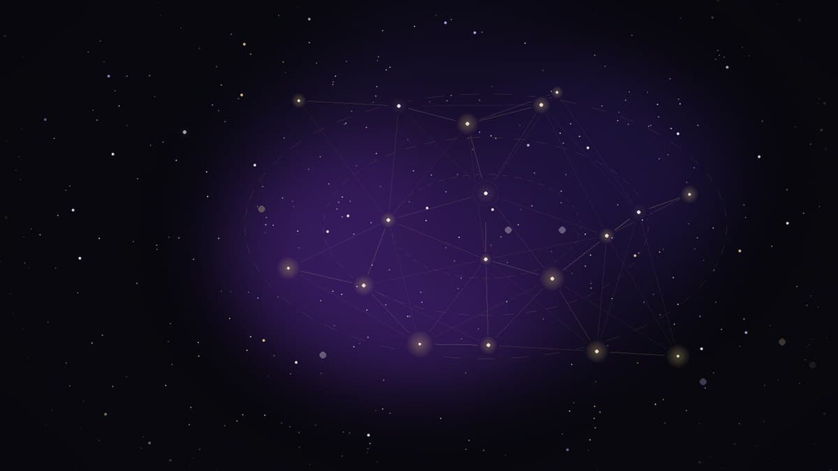 Geometric crystalline foundation with interconnected gold truth nodes in deep space