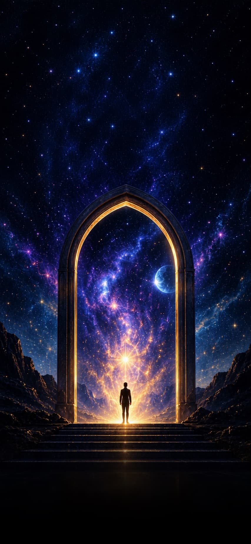 A lit archway opening onto a star field, the threshold of the Omzoe Compass.