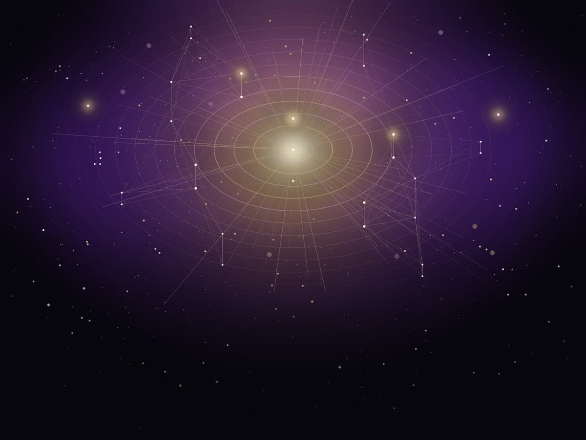 Luminous crystalline architecture and expanding harmonic resonance waves radiating from a golden cosmic core.