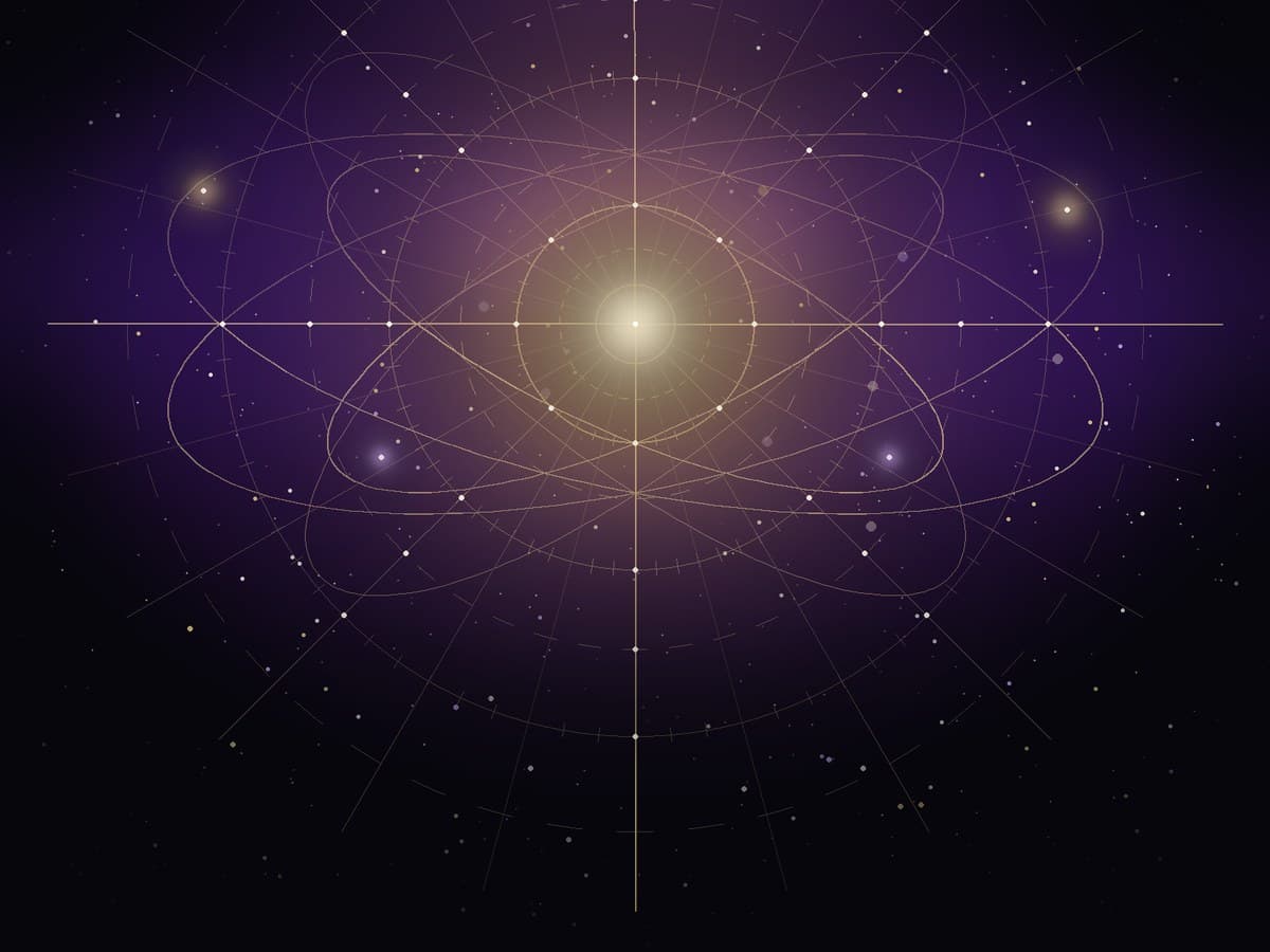 Concentric antique-gold celestial compass rings and astrolabe vectors converging in deep violet starlight.