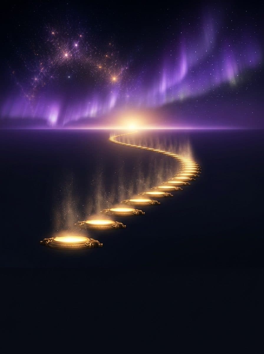 Thirty-two radiant gold stepping lanterns curving across dark terrain toward a luminous horizon aurora