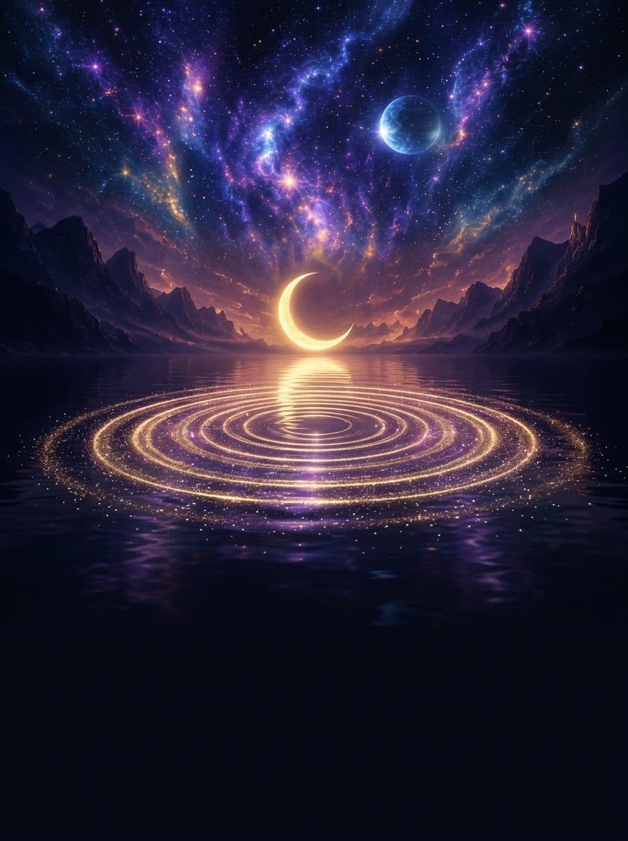 Concentric gold harmonic light rings rippling across a still lake beneath a glowing crescent moon and starry cosmos
