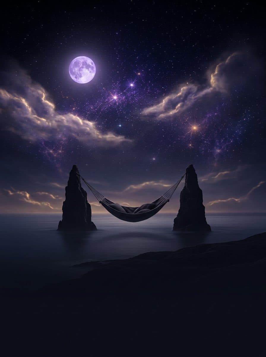 Peaceful nocturnal seascape with a suspended hammock beneath a soft violet moon and starlit clouds