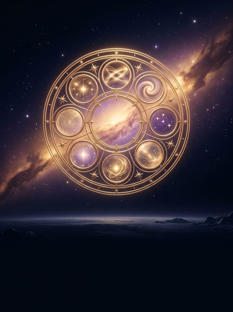 Radiant gold circular constellation wheel with glowing celestial spheres against a warm nebula